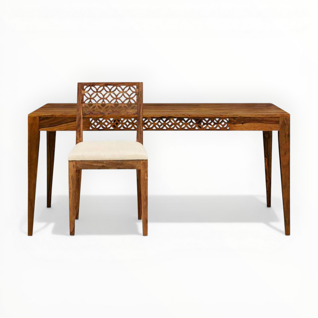 Wooden dining table with lattice design and matching chair on a white background