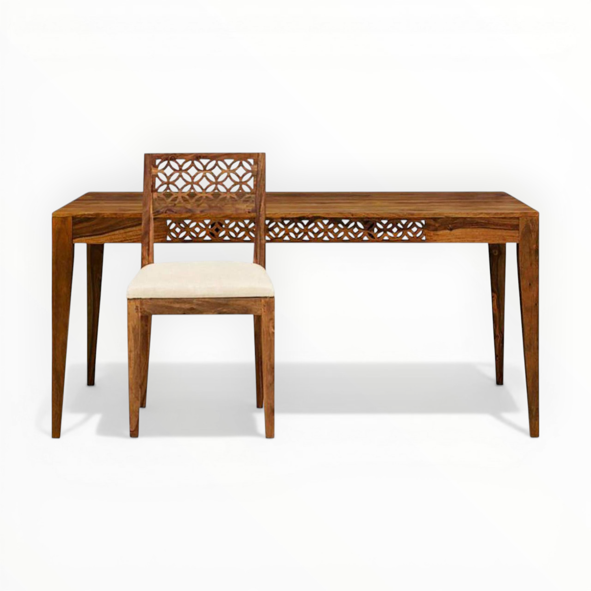 Wooden dining table with lattice design and matching chair on a white background
