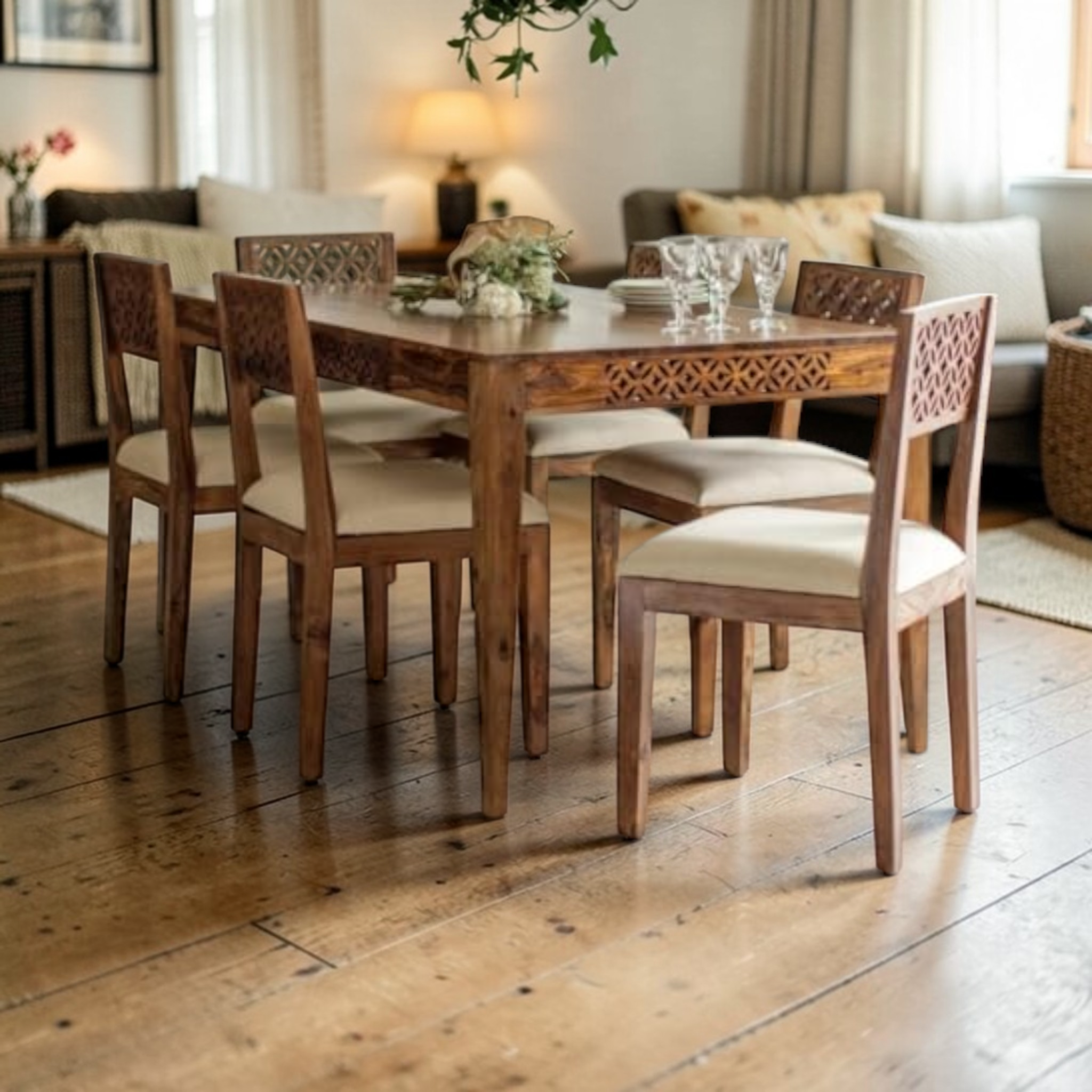 Dining room with wooden table and chairs on a wooden floor