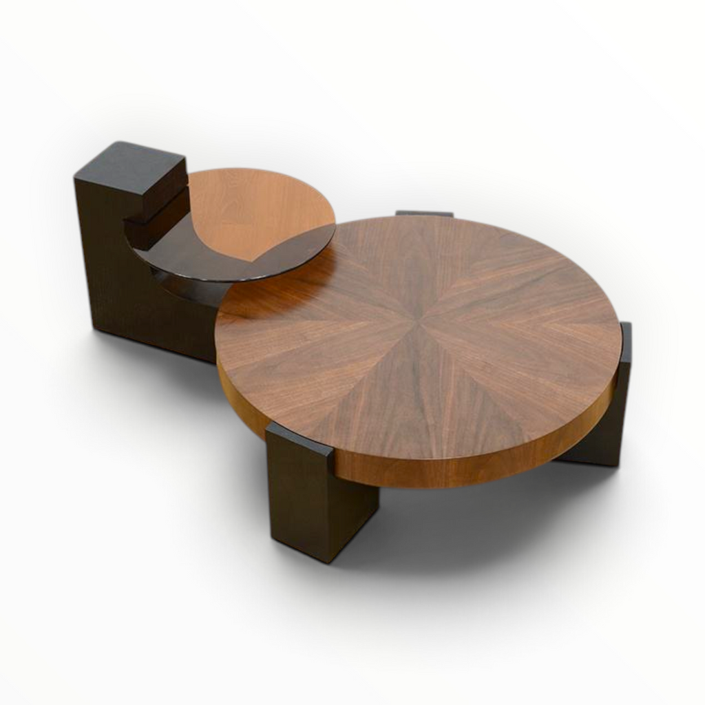 Odin coffee table set top view showing round walnut sunburst coffee table and smoked glass side table with dark block legs - Woodkraft Studio Hyderabad