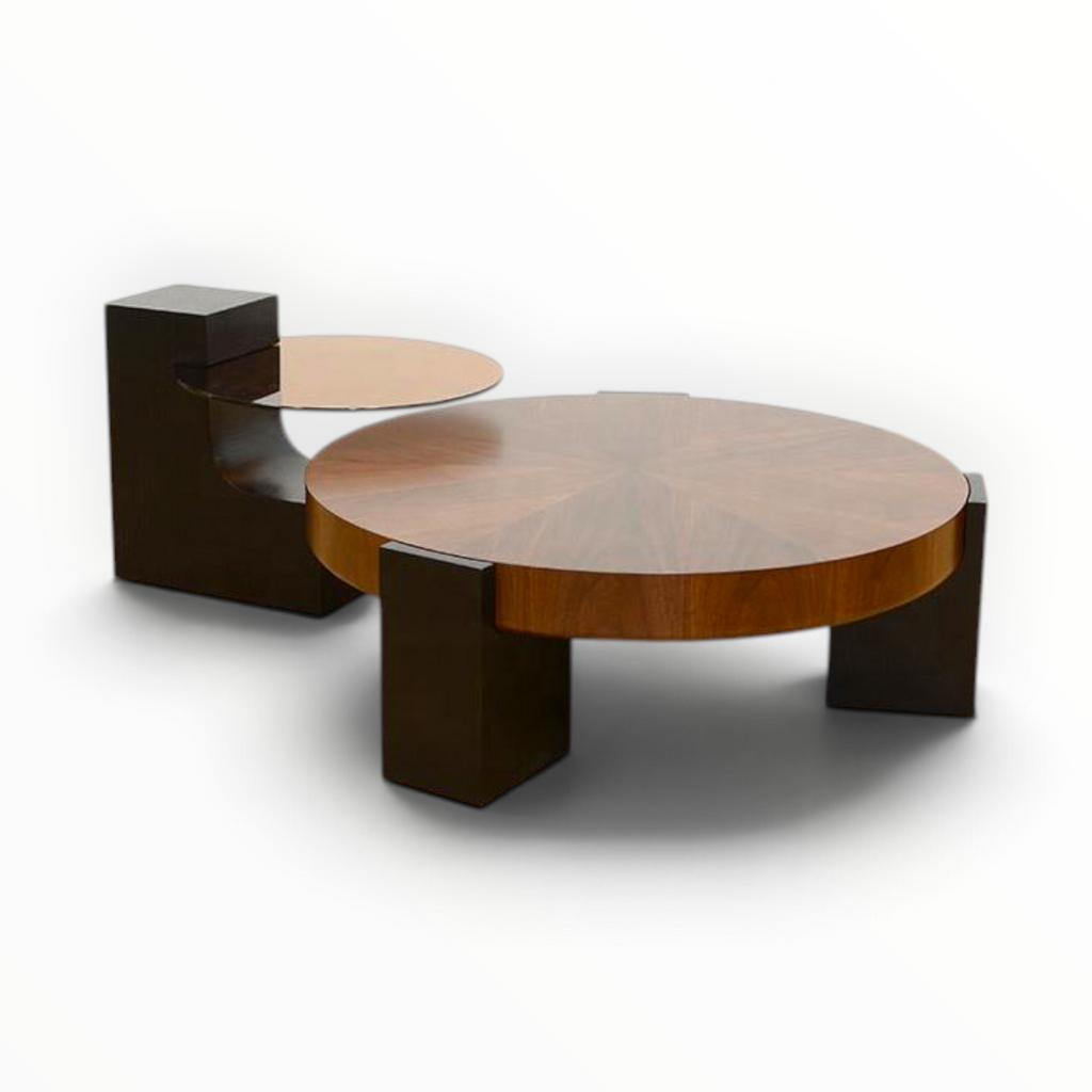 Odin coffee table set angled view showing sunburst walnut grain top and sculptural dark block leg detail - Woodkraft Studio Hyderabad