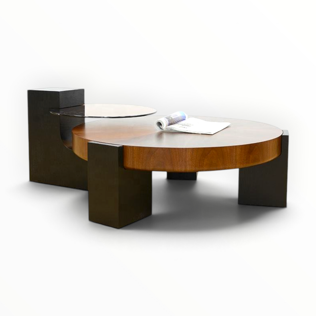 Odin coffee table set with smoked glass side table styled in minimalist white living room with neutral sofa - Woodkraft Studio