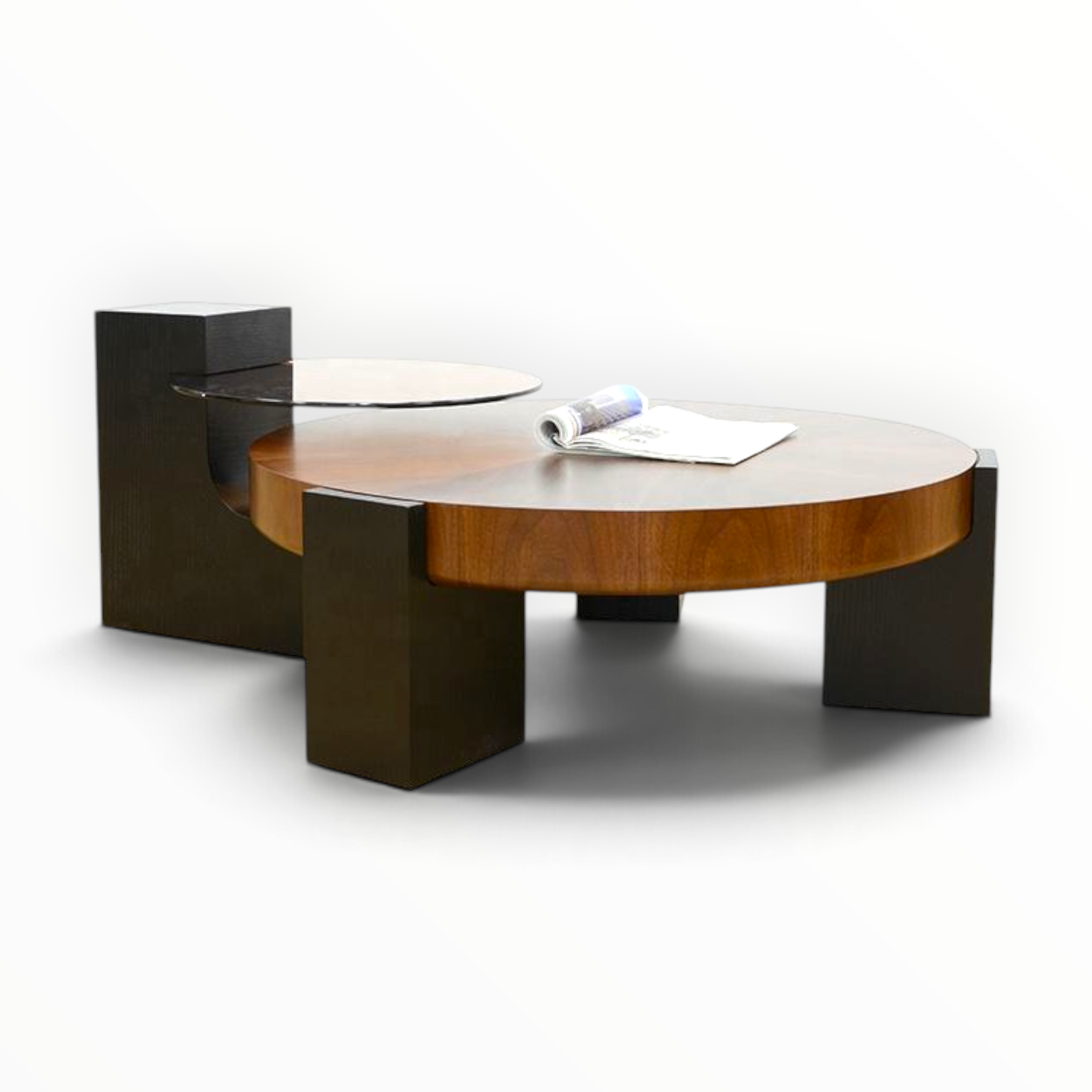 Odin coffee table set with smoked glass side table styled in minimalist white living room with neutral sofa - Woodkraft Studio