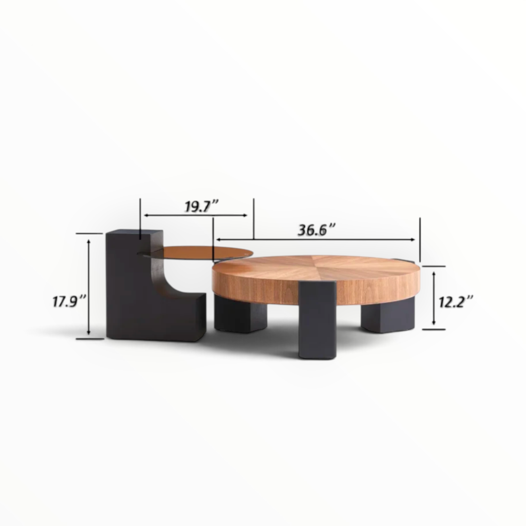 Odin coffee table set dimensions - round coffee table 36.6 inch diameter 12.2 inch height and side table 19.7 inch diameter 17.9 inch height