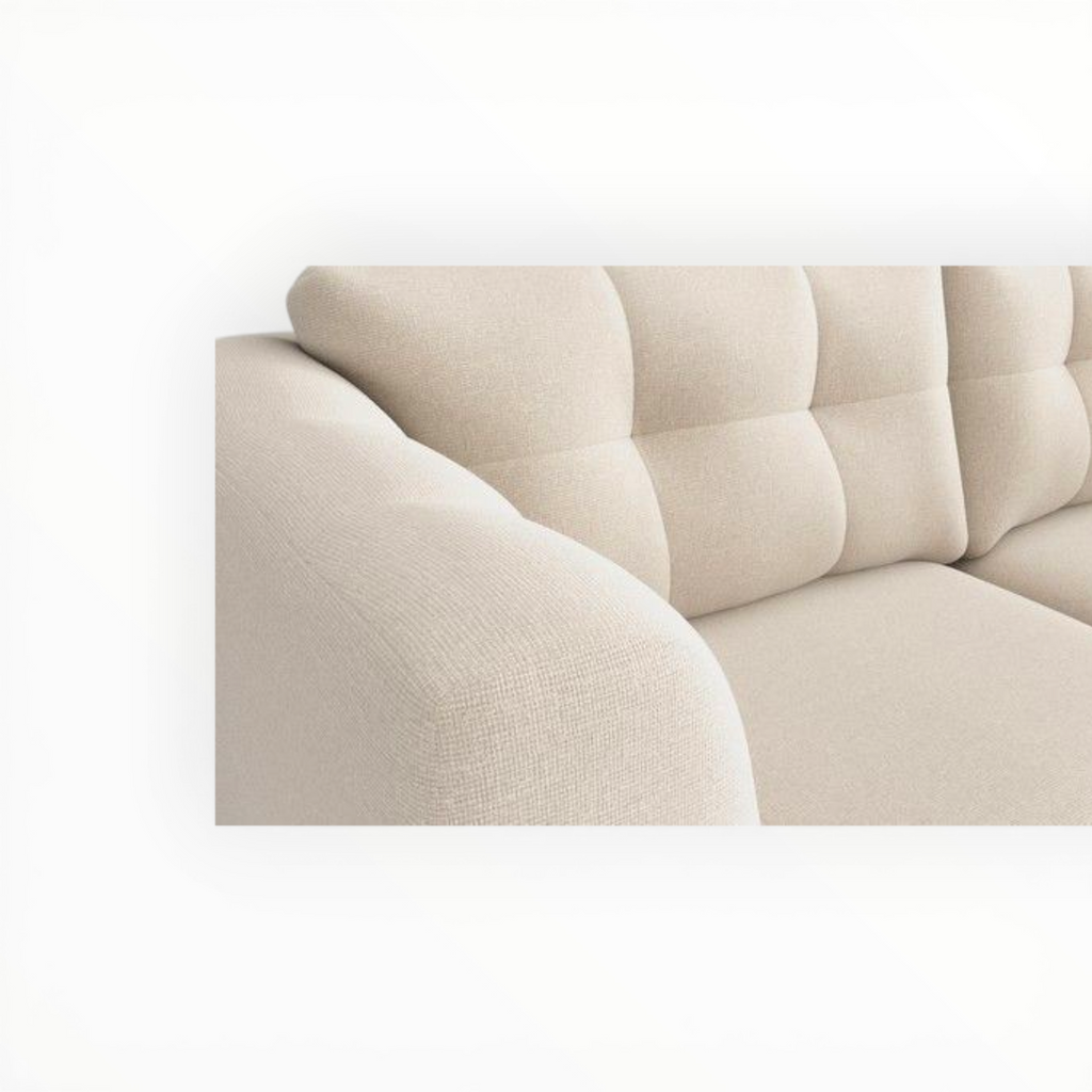 Beige upholstered headboard with tufted design on a white background