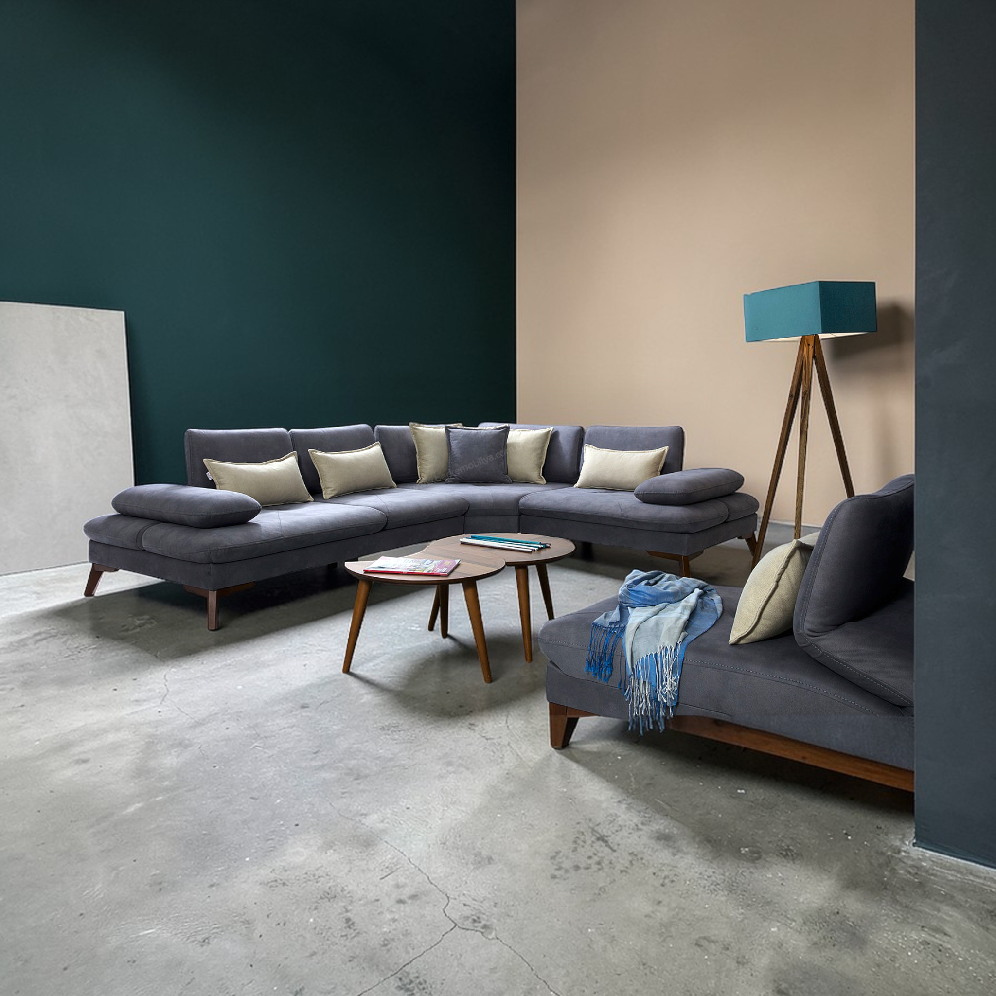 Modern living room with a gray sectional sofa, coffee table, and decorative items.