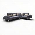 Gray sectional sofa with beige cushions on a white background