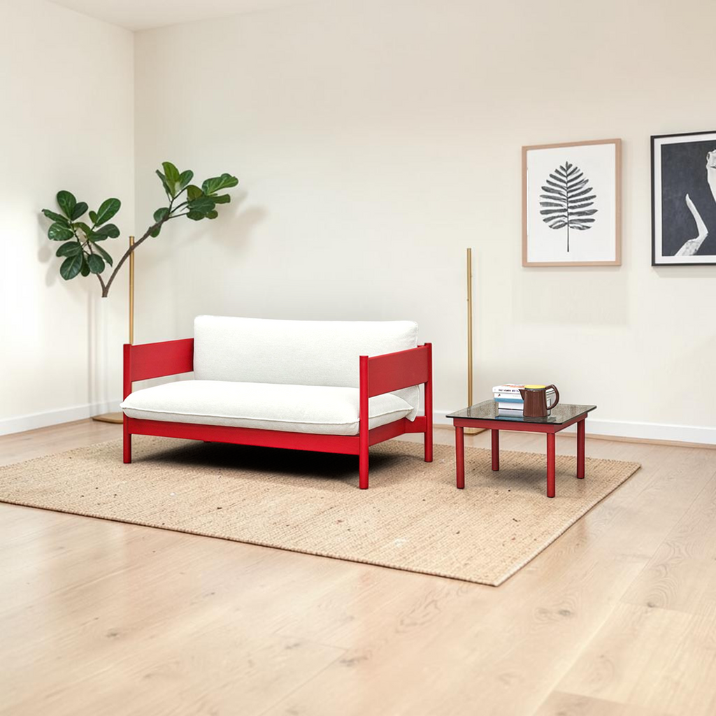 Phantom 2 seater sofa in red brown frame with cream fabric — living room setting — Woodkraft Studio Hyderabad