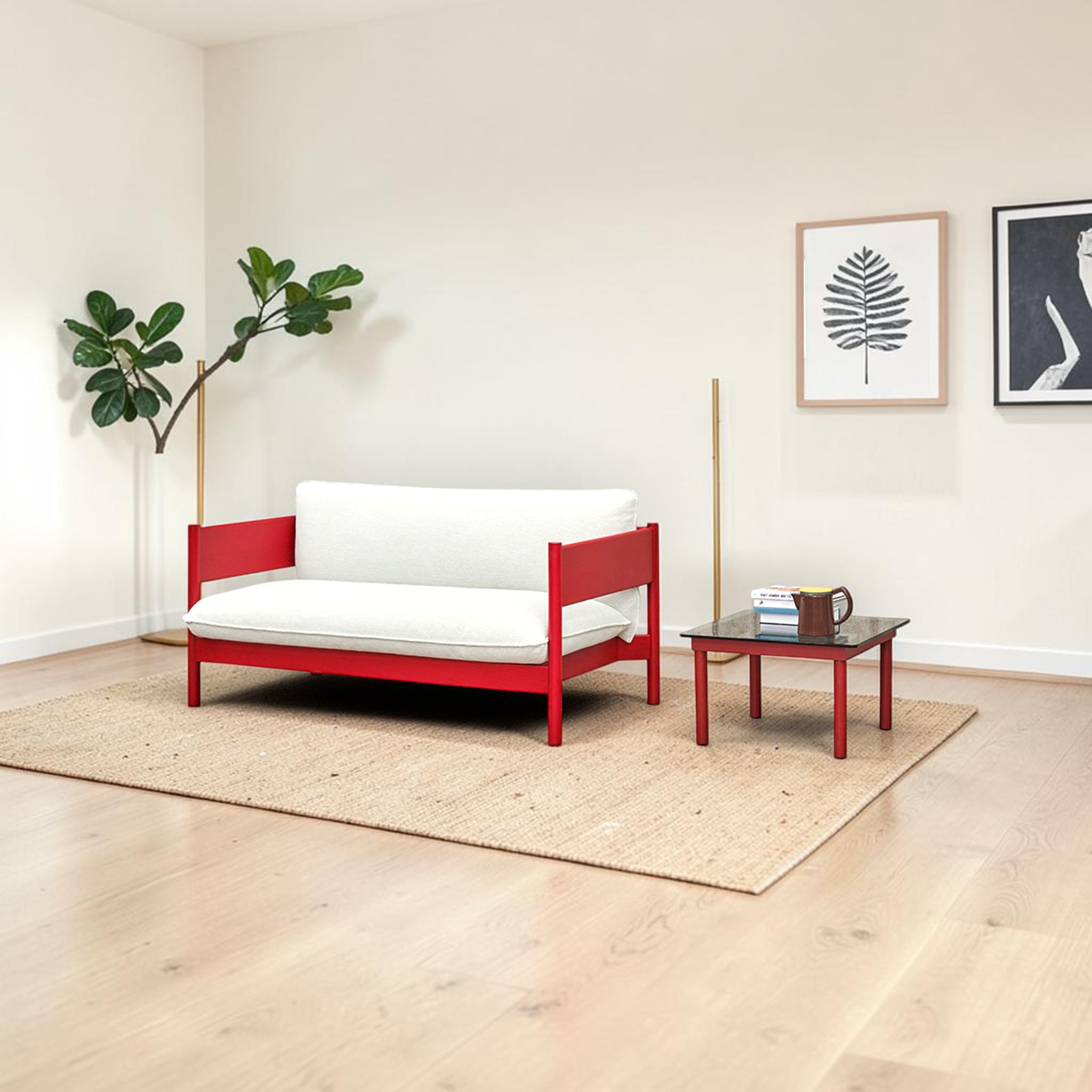 Phantom 2 seater sofa in red brown frame with cream fabric — living room setting — Woodkraft Studio Hyderabad