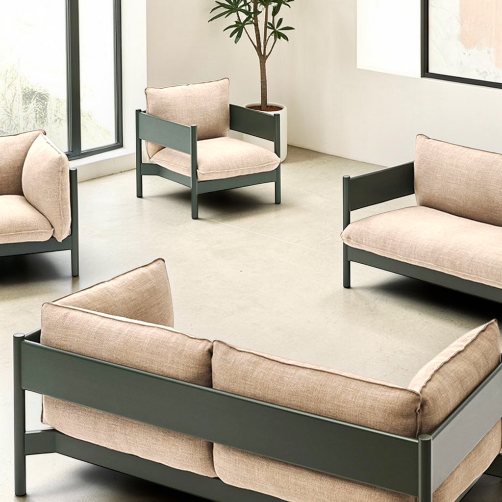 Phantom sofa set in dark olive frame with beige fabric — 2 seater and chair — Woodkraft Studio Hyderabad