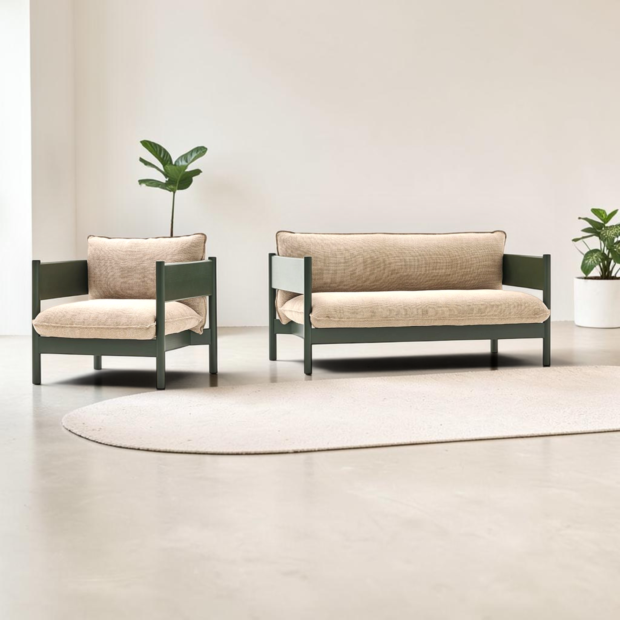 Phantom 2 seater sofa and chair in olive green frame with beige upholstery — Woodkraft Studio