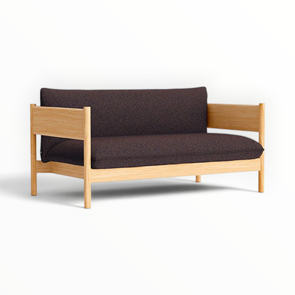 Phantom 2 seater sofa in oak finish with dark brown fabric — solid teakwood frame — Woodkraft Studio