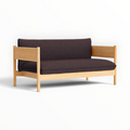 Phantom 2 seater sofa in oak finish with dark brown fabric — solid teakwood frame — Woodkraft Studio