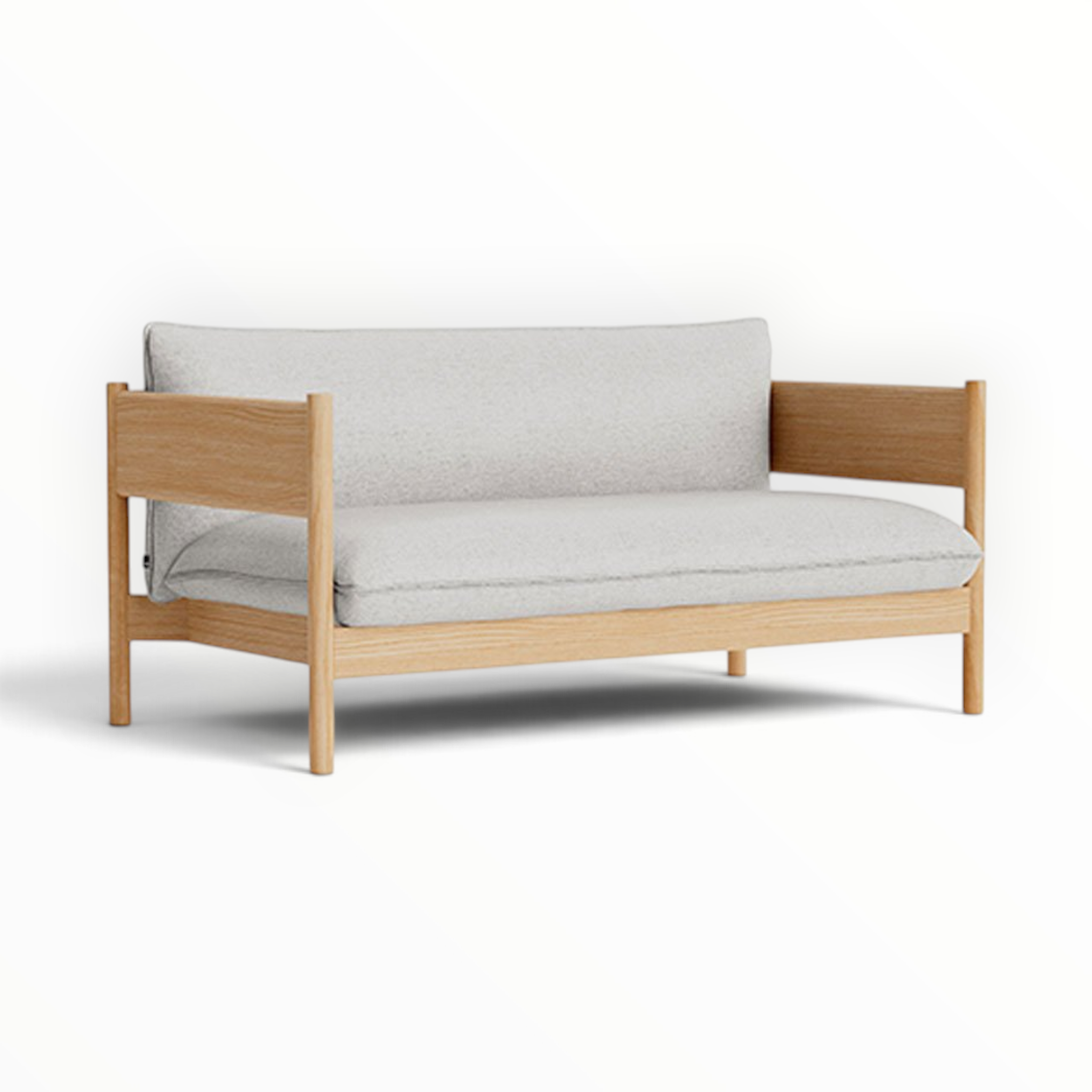Phantom 2 seater sofa in oak finish with white fabric upholstery — Woodkraft Studio Hyderabad