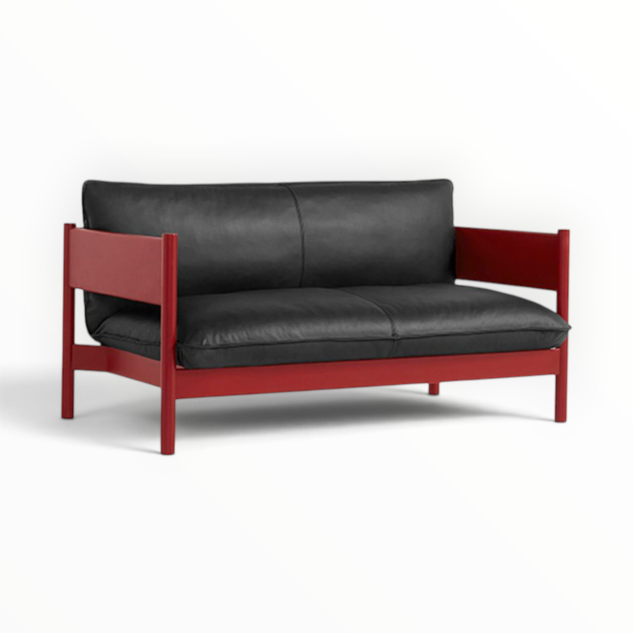 Phantom 2 seater sofa in red brown frame with black fabric — Woodkraft Studio Hyderabad
