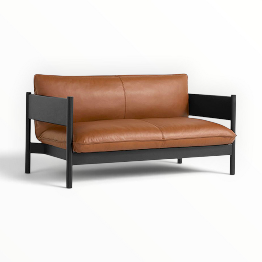 Phantom 2 seater sofa in black frame with tan leather upholstery — Woodkraft Studio Hyderabad