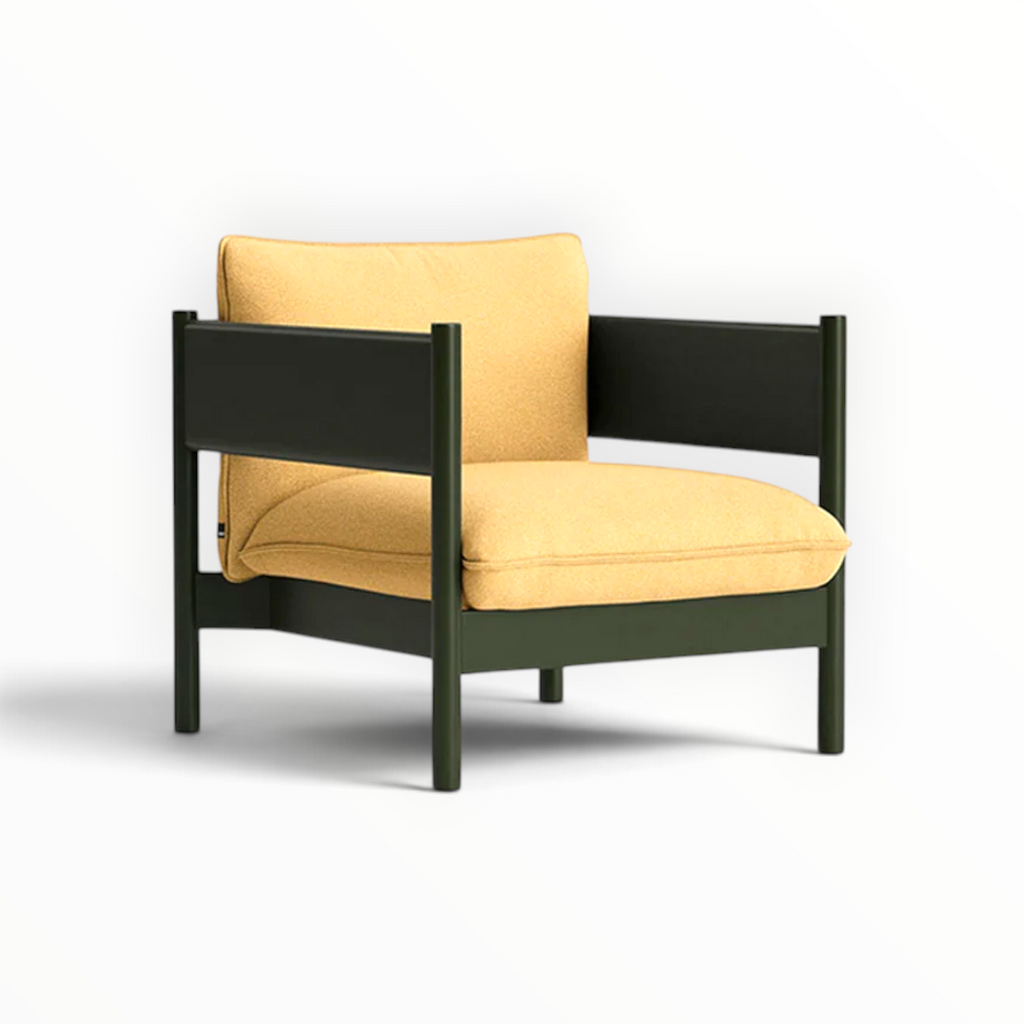 Phantom single chair in dark olive frame with yellow fabric — Woodkraft Studio Hyderabad