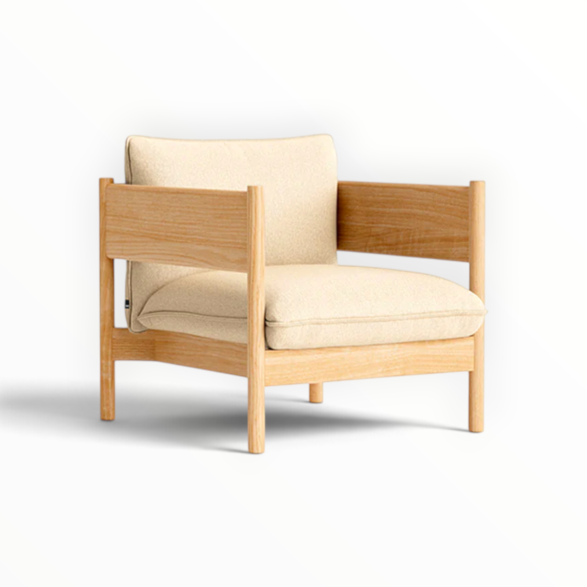 Phantom single chair in teak finish with cream fabric — solid teakwood armchair — Woodkraft Studio Hyderabad
