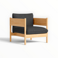 Phantom single chair in teak finish with charcoal fabric — solid teakwood armchair — Woodkraft Studio Hyderabad