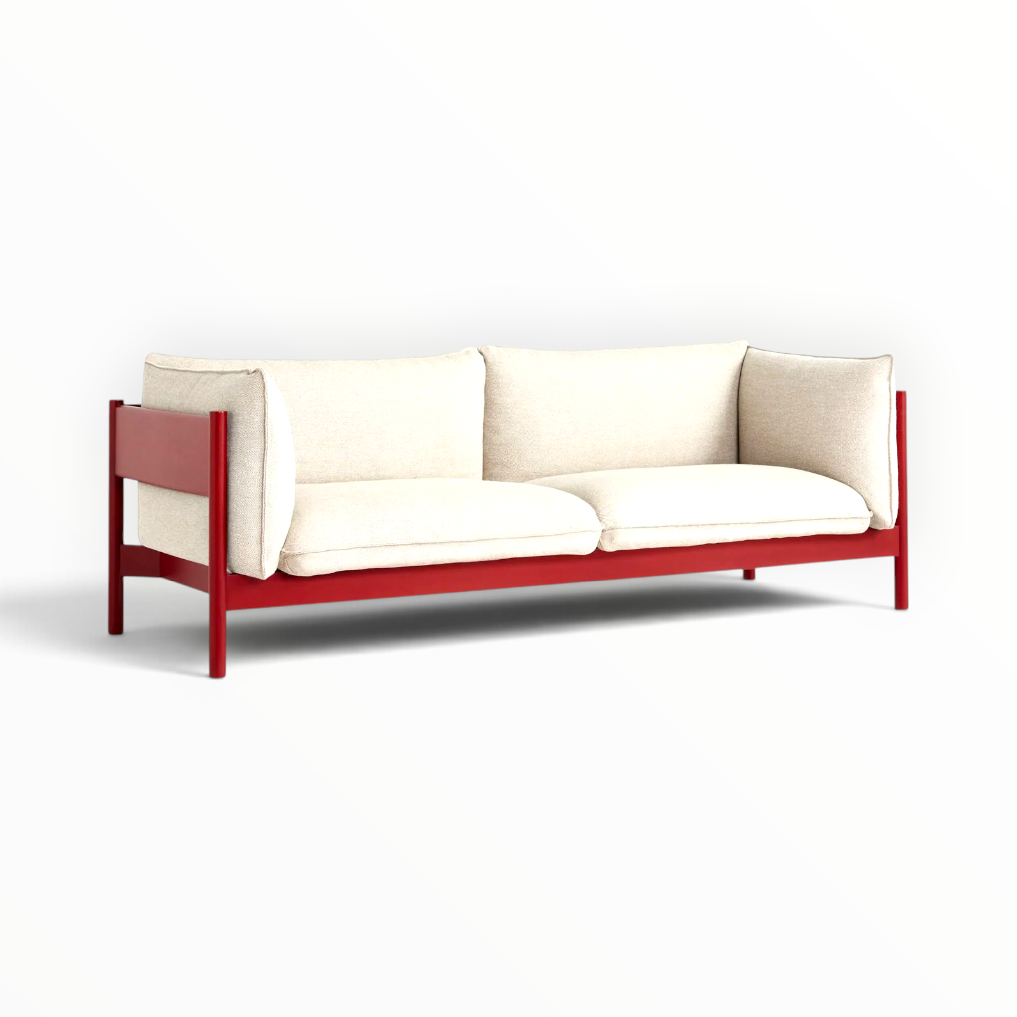 Phantom 3 seater sofa in red brown teakwood frame with cream fabric — Woodkraft Studio Hyderabad