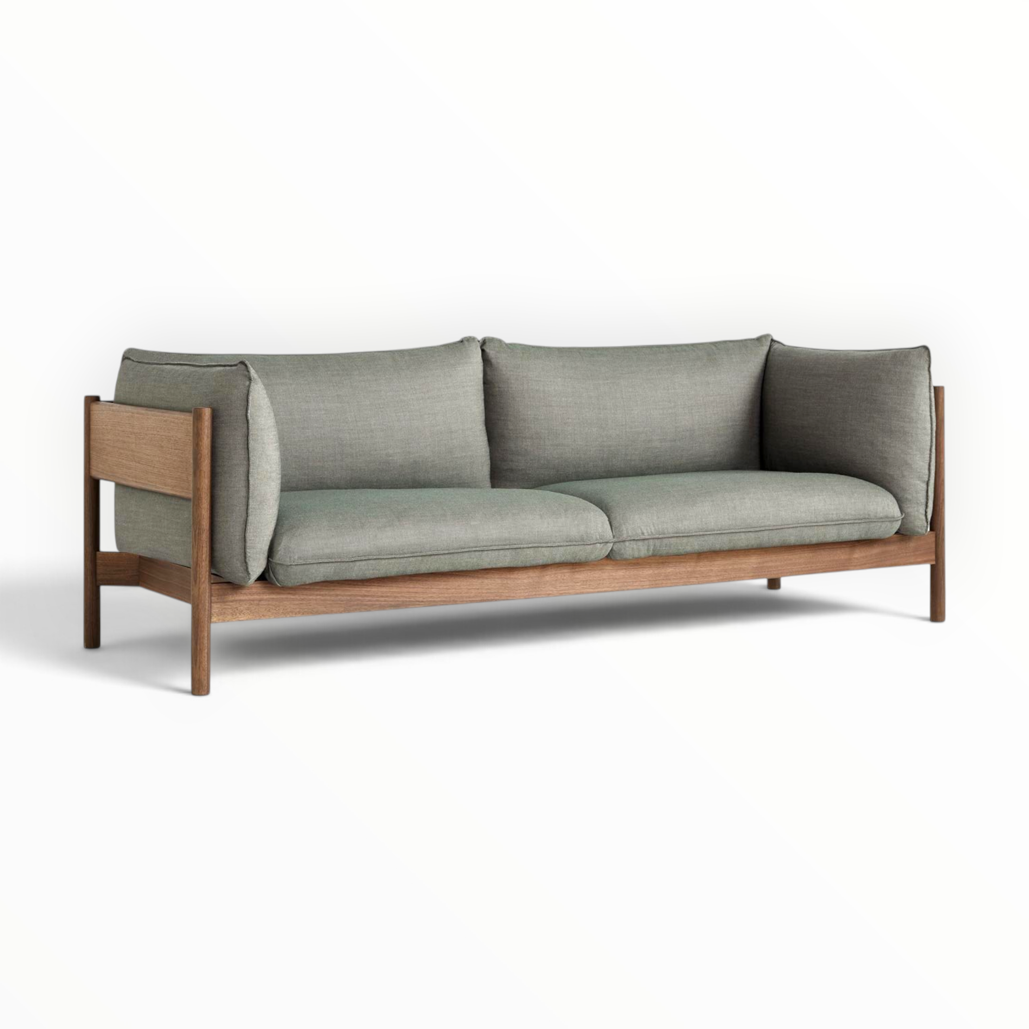 Phantom teakwood sofa in walnut finish with sage green upholstery — Woodkraft Studio Hyderabad