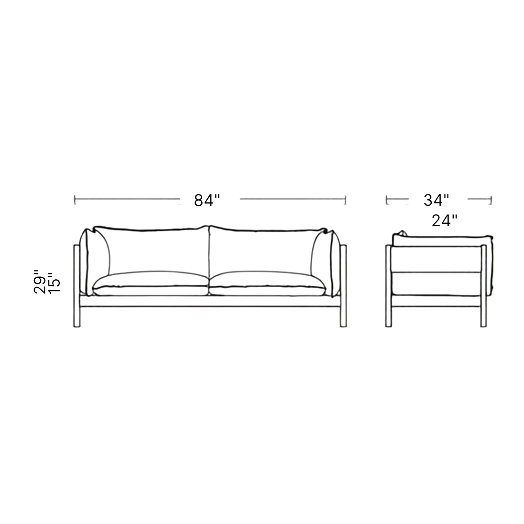 Phantom 3 seater sofa dimensions — 84 inch width, 34 inch depth, 29 inch height — Woodkraft Studio