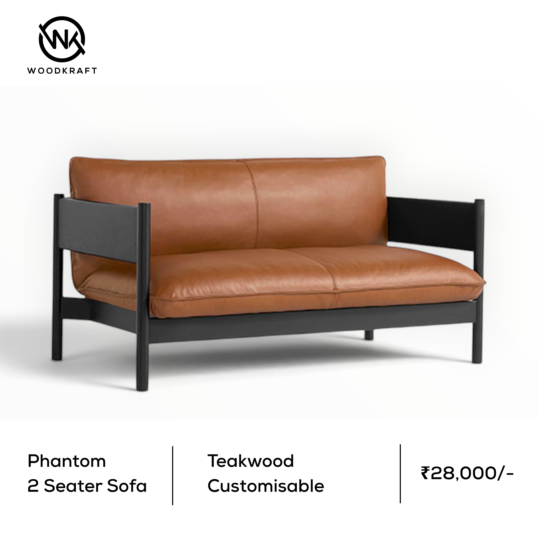 Phantom | Solid Teakwood 2 Seater Sofa | Customisable Fabric & Wood Finish