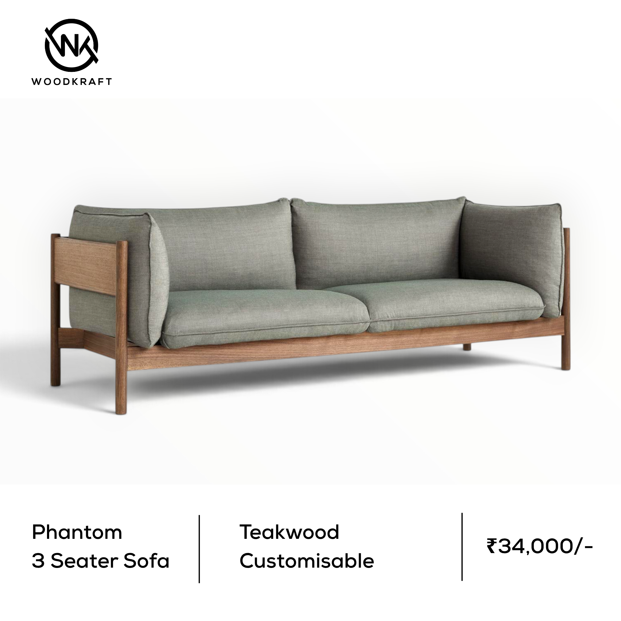 Phantom | Solid Teakwood 3 Seater Sofa | Customisable Fabric & Wood Finish