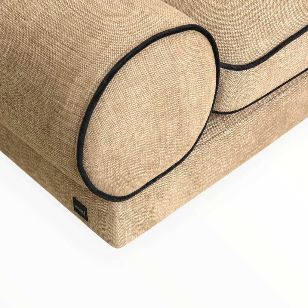 Prado sofa detail – barrel arms with signature black piping