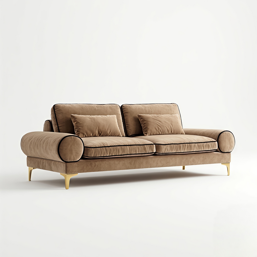 Prado sofa close-up – customisable upholstered 3 seater with black piping detail