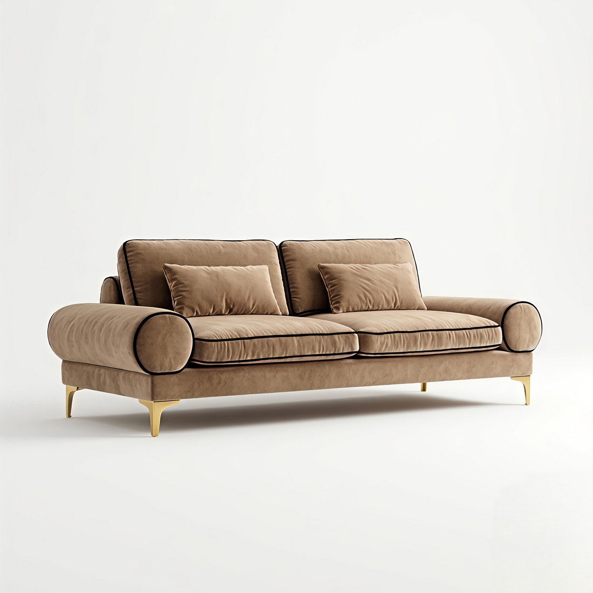 Prado sofa close-up – customisable upholstered 3 seater with black piping detail