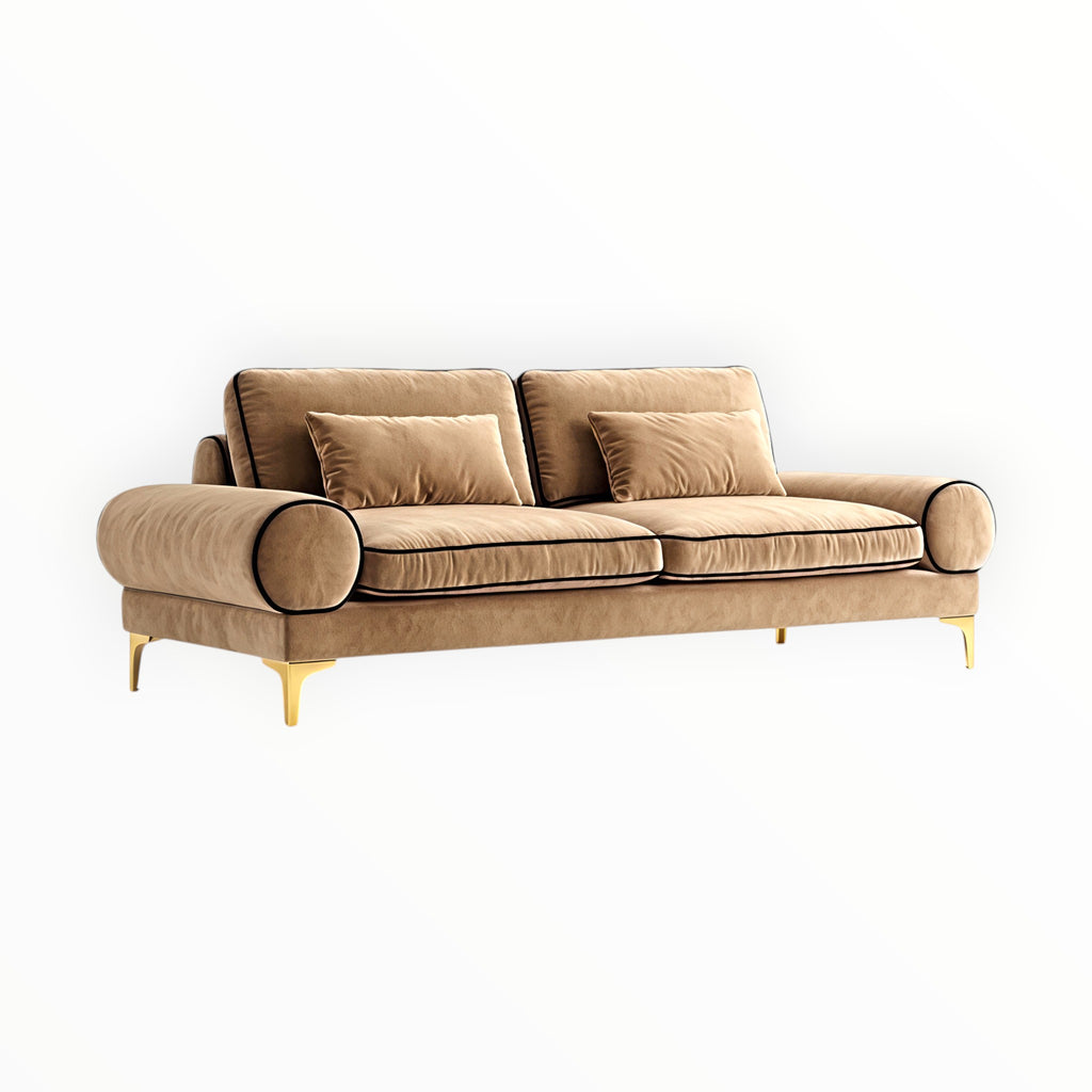 Prado sofa – handcrafted 3 seater with black piping and gold finish legs
