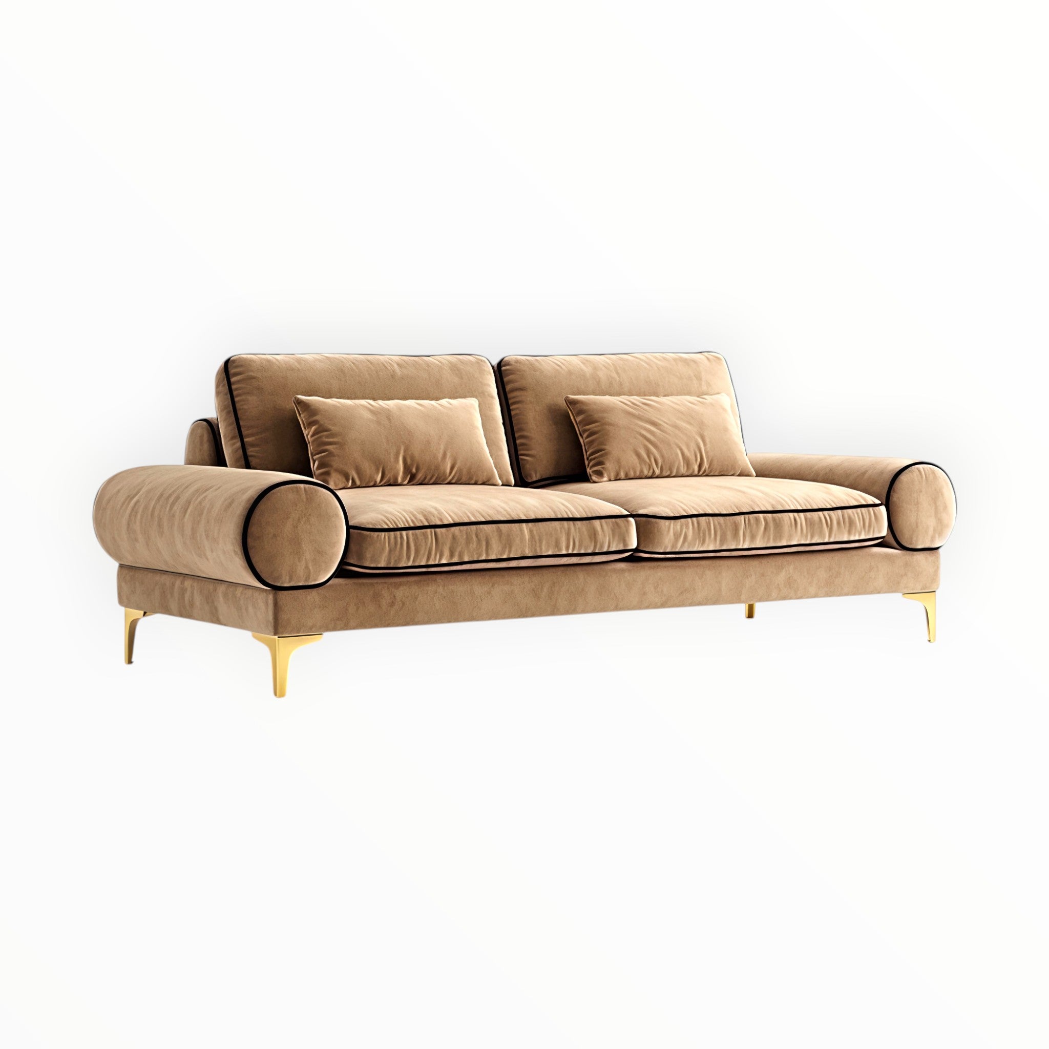 Prado sofa – handcrafted 3 seater with black piping and gold finish legs