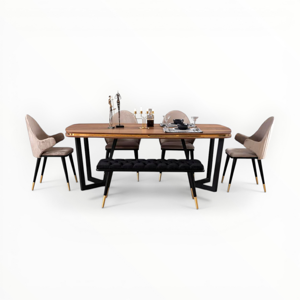 Dining table set with chairs and a bench on a white background