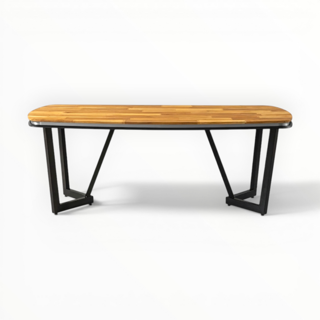 Wooden table with black metal legs on a white background