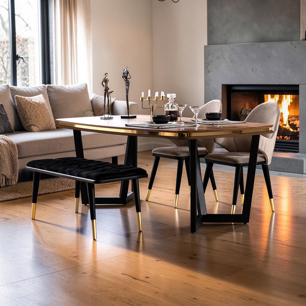 Dining area with a wooden table and chairs in a modern living room.