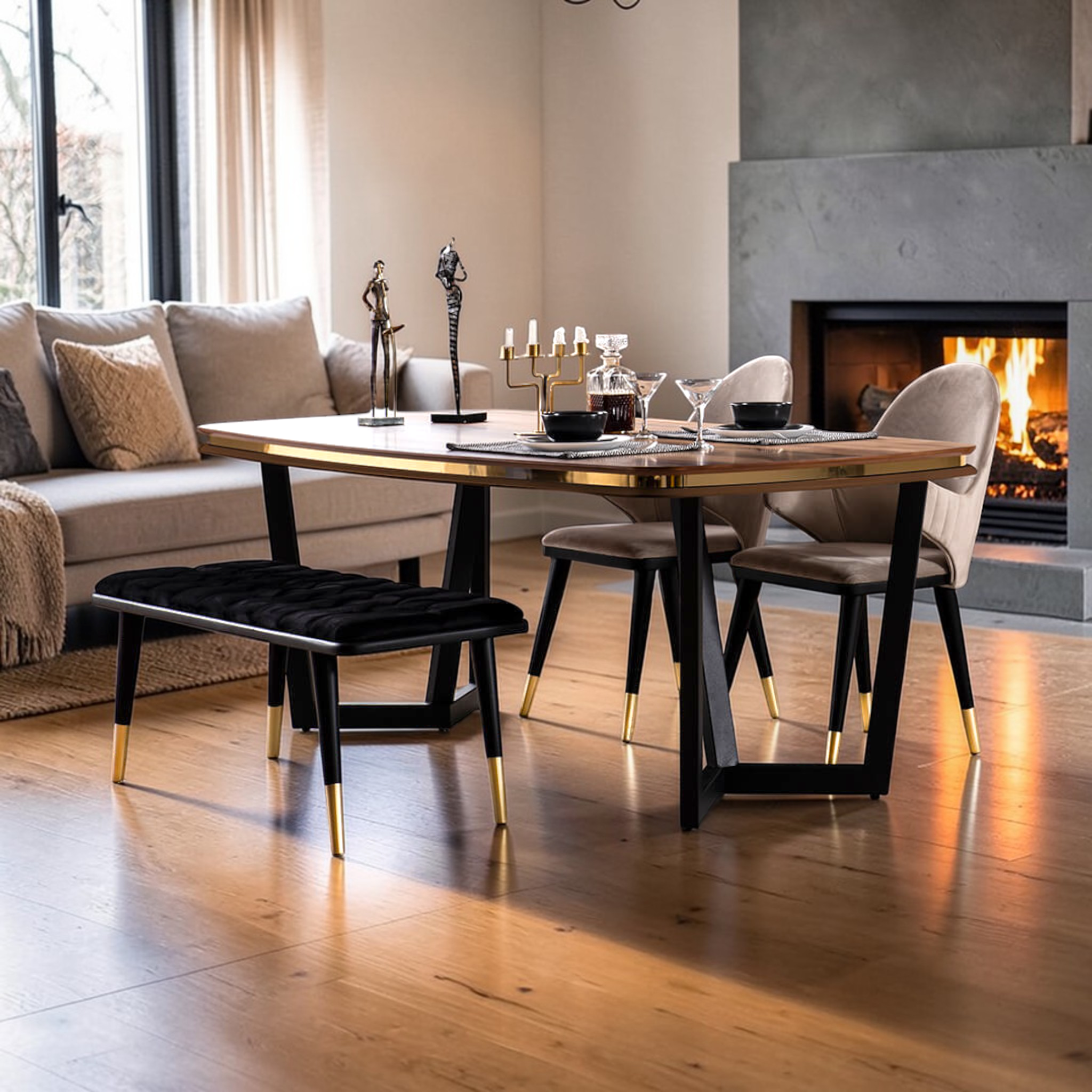 Dining area with a wooden table and chairs in a modern living room.