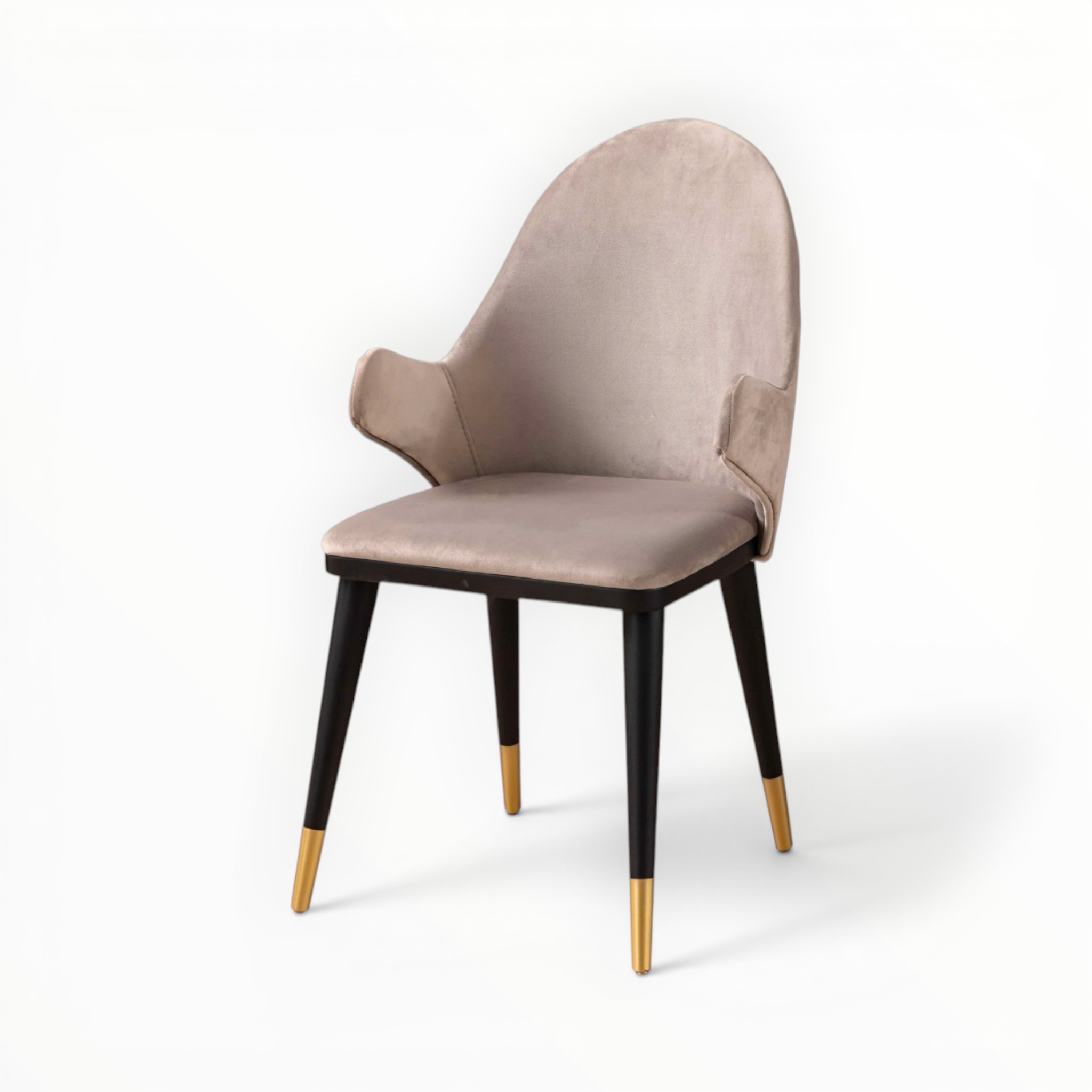 Beige chair with black legs and gold foot caps on a white background