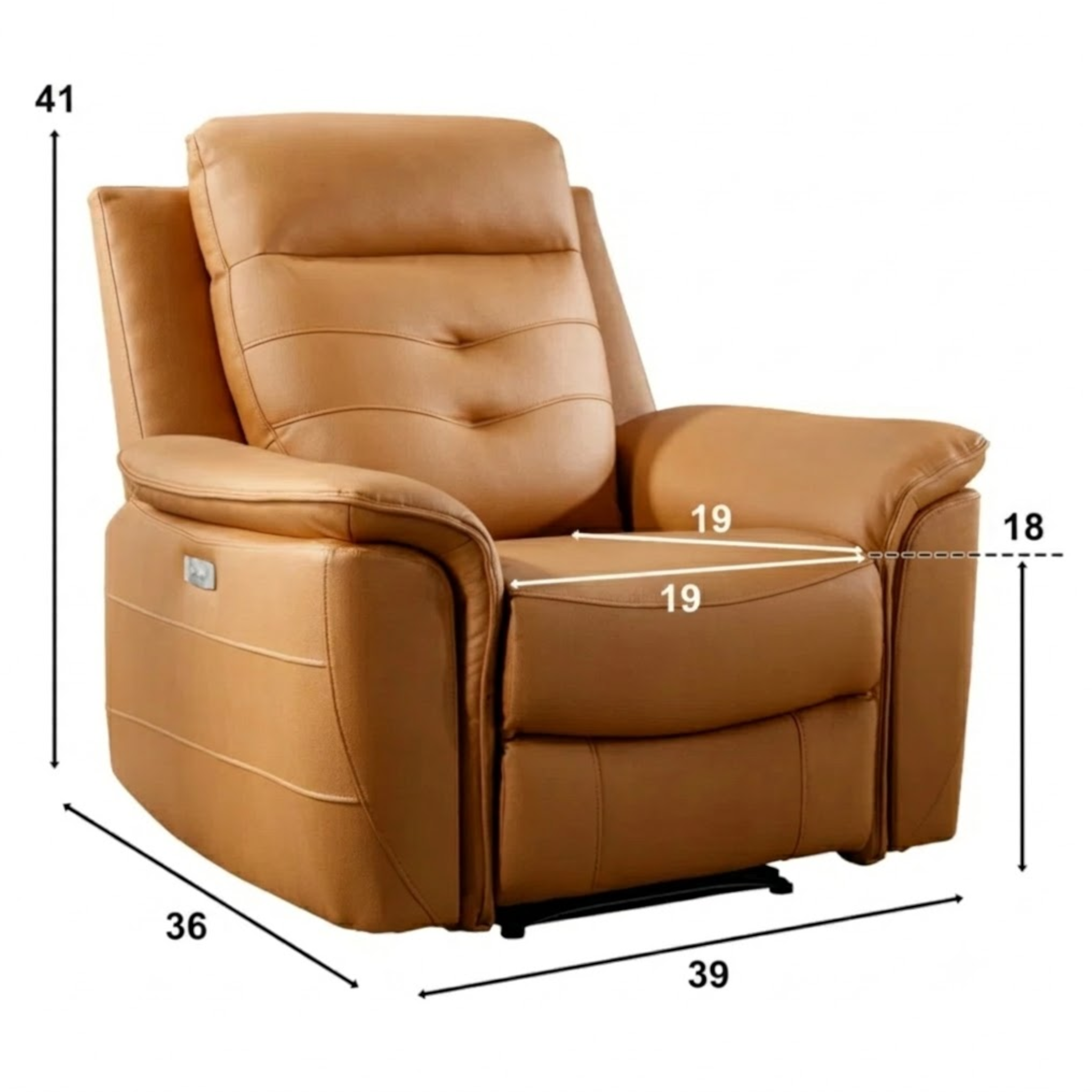 Brown leather recliner chair with dimensions on a white background
