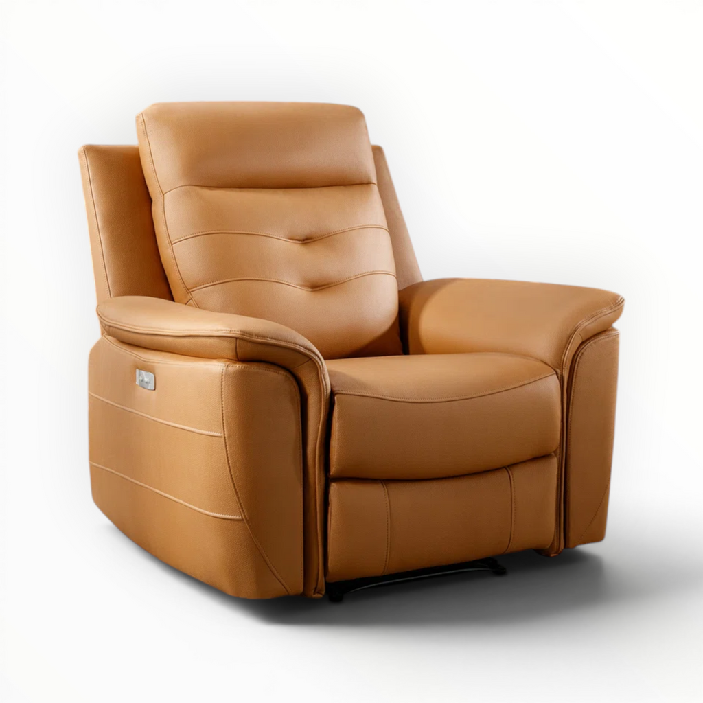 Brown leather recliner chair on a white background