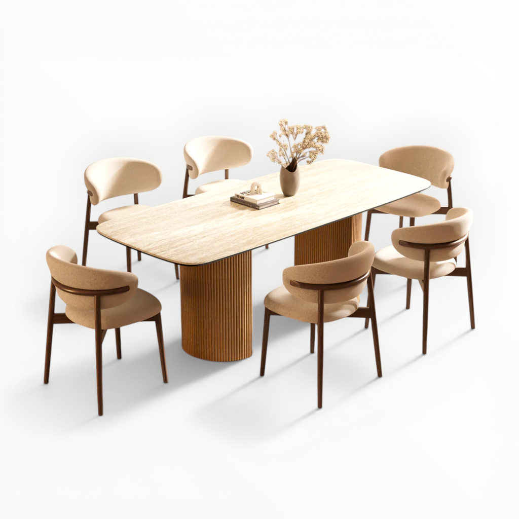 Dining table set with chairs on a white background