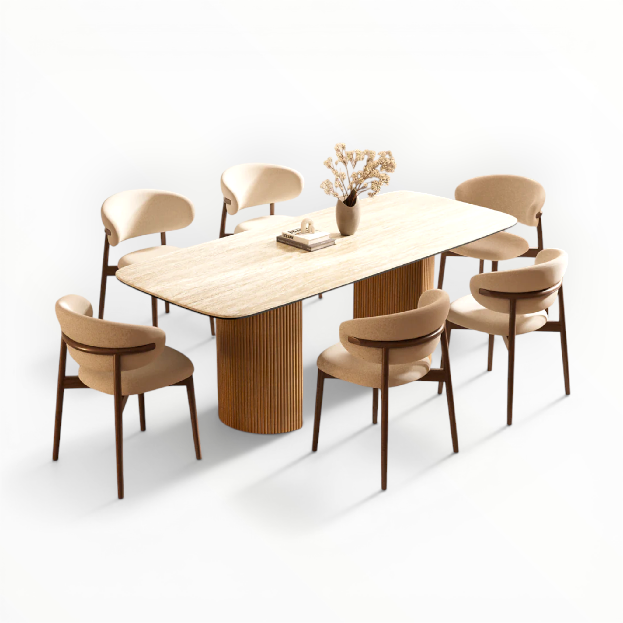 Dining table set with chairs on a white background