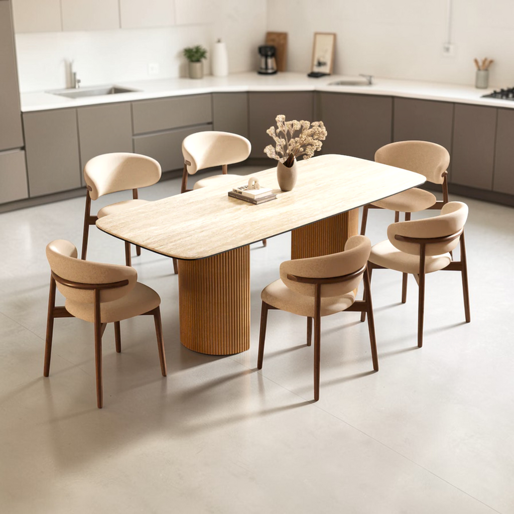 Dining table with chairs in a modern kitchen setting