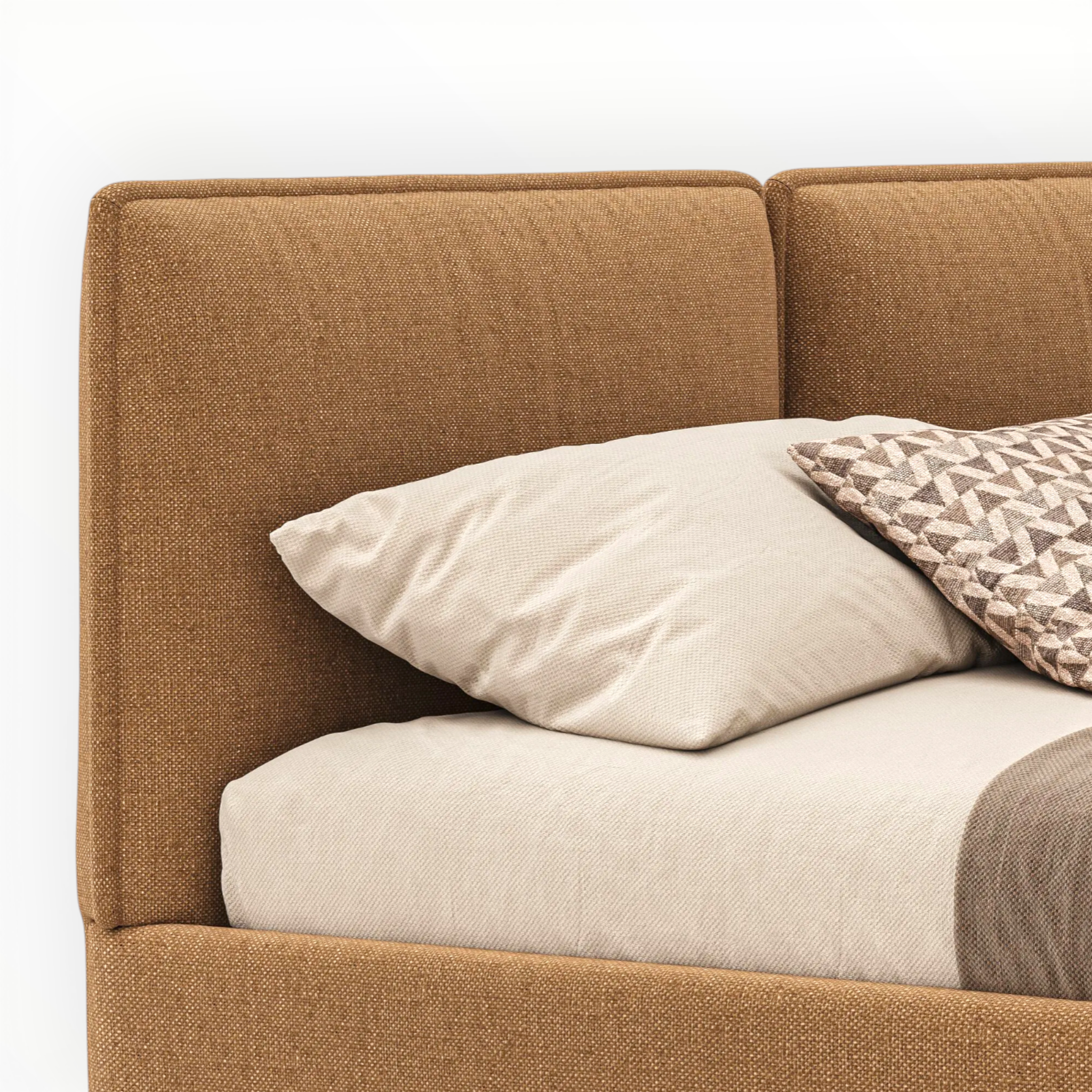 Brown upholstered headboard with beige pillows and a patterned throw blanket on a white background