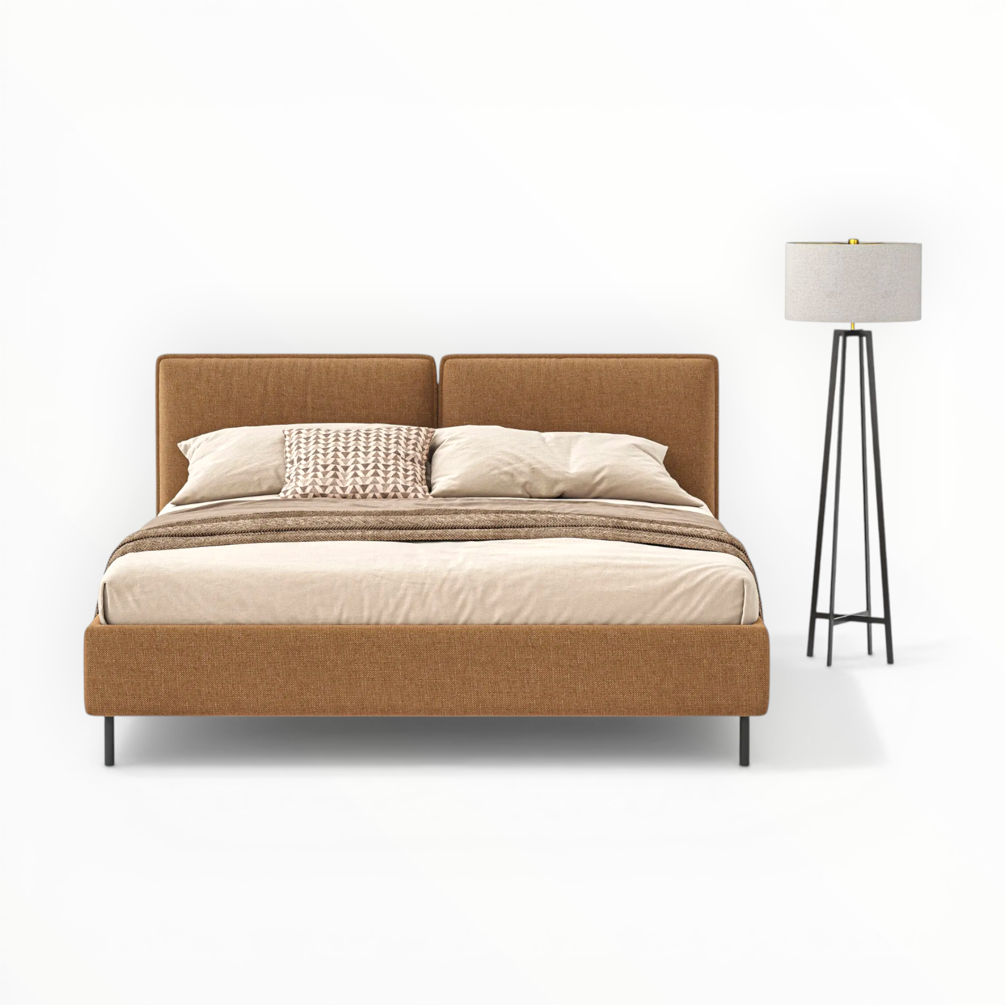 Brown upholstered bed with beige bedding and a lamp on a white background