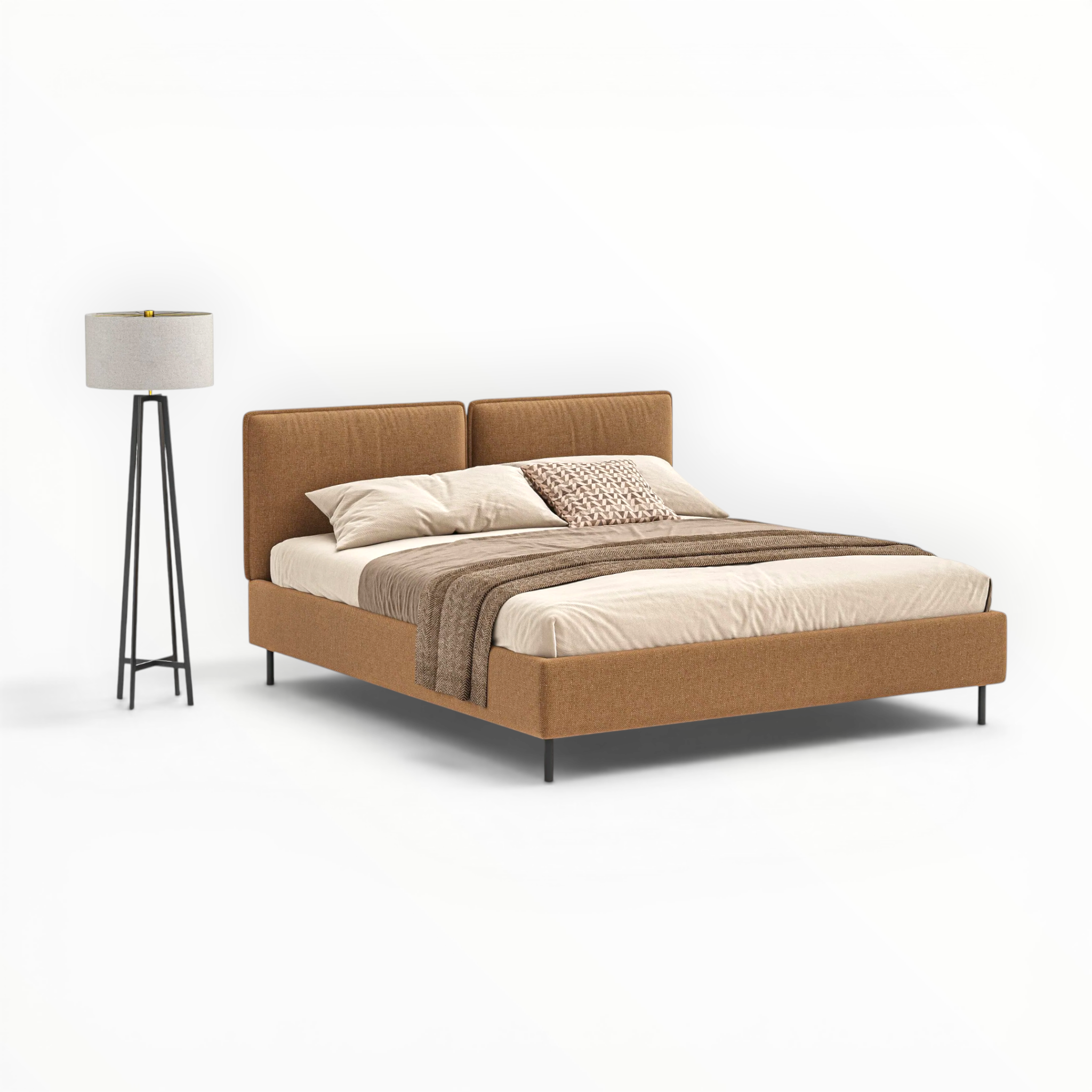 Brown upholstered bed with beige bedding and a lamp on a white background