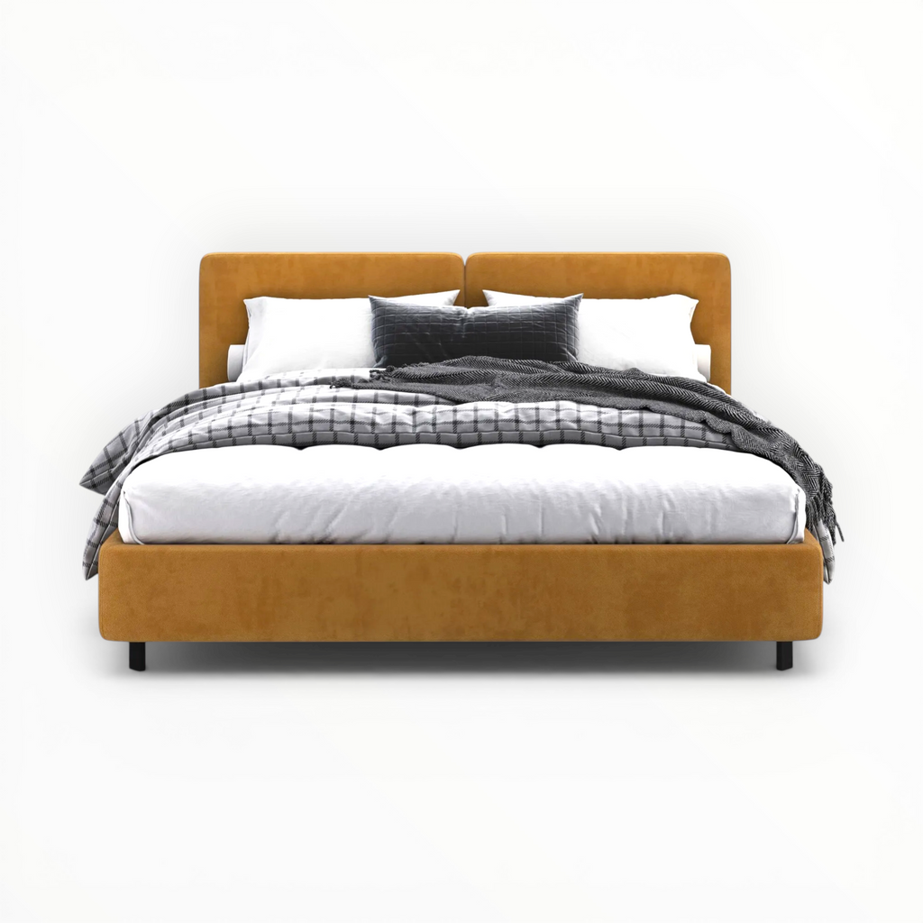 Orange bed with white bedding and gray comforter on a white background