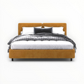 Orange bed with white bedding and gray comforter on a white background