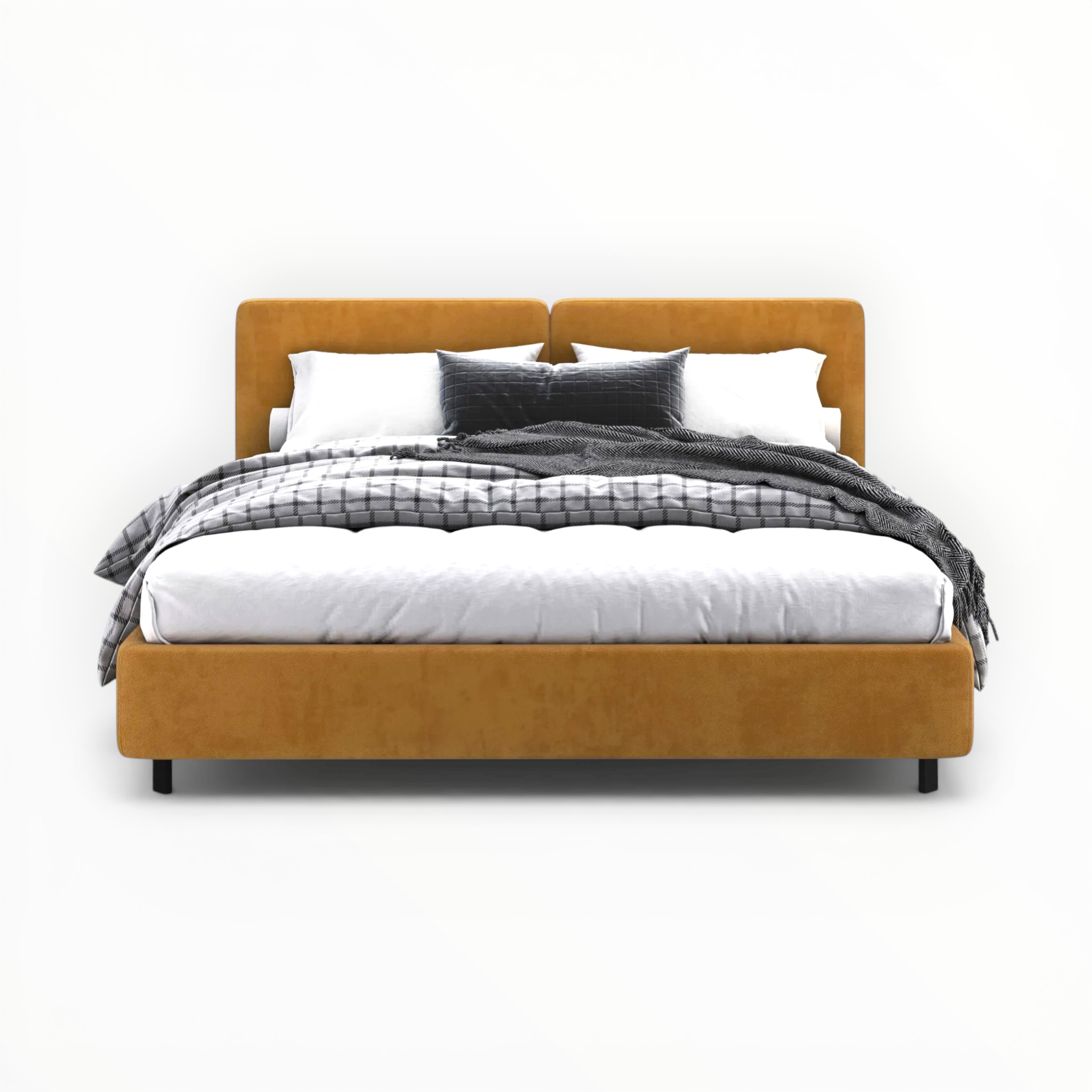 Orange bed with white bedding and gray comforter on a white background