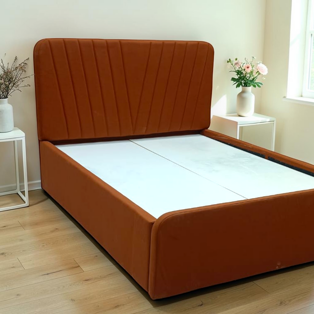 Reva upholstered platform bed in rust velvet, fan-channelled headboard, solid wood frame, Move-In Ready collection Hyderabad